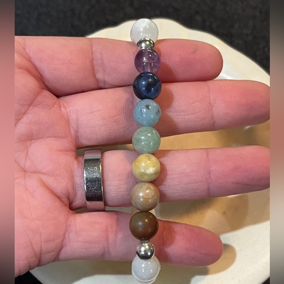 Handcrafted selenite and rainbow of natural stones. 7inch, 8mm stretch bracelet - Picture 3 of 3